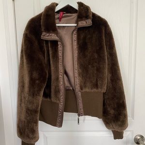 Brown fluffy teddy bomber jacket